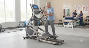 Senior adult performing a safe, low-impact cardio workout on a medical grade elliptical machine