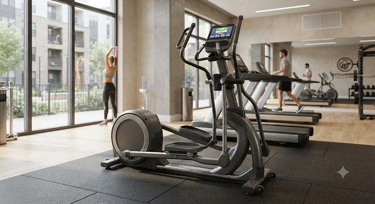 Overview of a sleek, durable low maintenance elliptical for an apartment fitness center designed to save space and withstand heavy multi-user traffic.