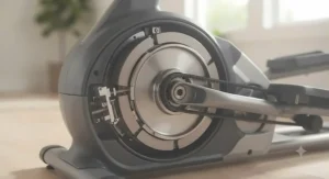 Detailed view of a quiet magnetic resistance flywheel on a modern home elliptical machine.