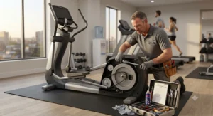 Facility manager performing routine maintenance on a commercial elliptical machine in a small hotel gym.
