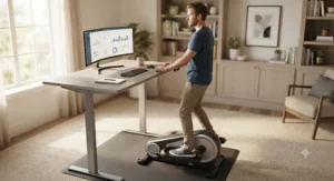 A man pedaling on a mini elliptical while working at a height-adjustable standing desk during a home office workout.