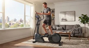 A man working out on a silent elliptical machine in a small apartment living room setup.