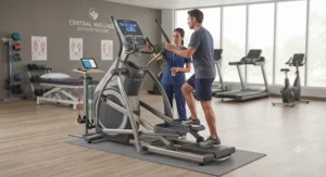 Modern medical grade elliptical machine installed in a professional sports medicine and wellness center