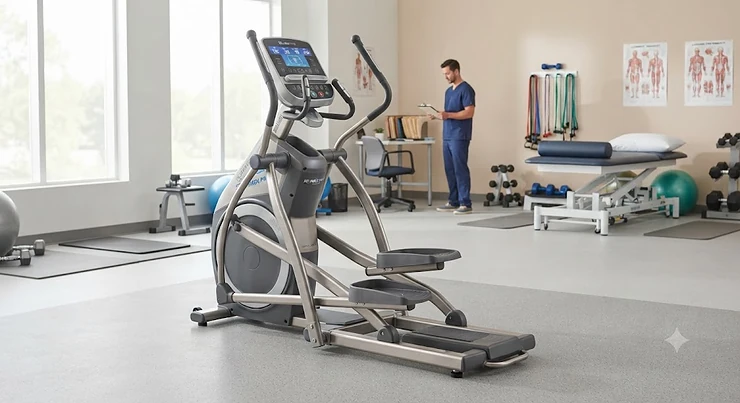 Overview of a medical grade elliptical machine in a physical therapy clinic