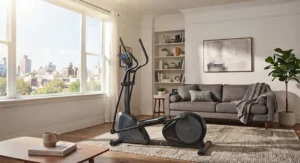 A sleek, minimalist quiet elliptical machine that fits seamlessly into apartment living room decor.
