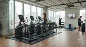 Several durable ellipticals set up in a bright, spacious corporate wellness room for employees.