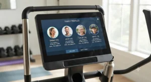 Digital touchscreen displaying multiple user profiles on an elliptical for multi-user family home training.