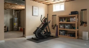An organized home basement gym featuring a foldable elliptical machine to keep the workout area clutter-free.