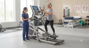 Patient using a medical grade elliptical machine for joint rehabilitation and physical therapy
