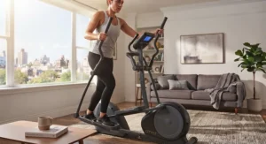Close-up view of a person using a quiet elliptical machine in a sunlit apartment living room.