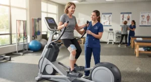 Physical therapy patient safely using an elliptical machine after knee surgery in a rehabilitation clinic.