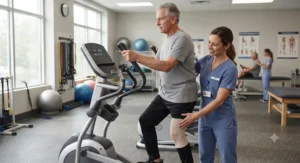 Physical therapist guiding an older adult on how to use an elliptical machine safely post knee replacement surgery.