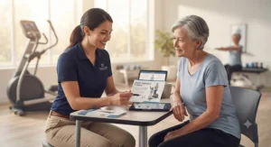 A physical therapist discussing joint-friendly cardio options like elliptical training with a patient.