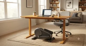 A portable compact elliptical positioned neatly in a residential home office setup, ready for quick daily fitness breaks.
