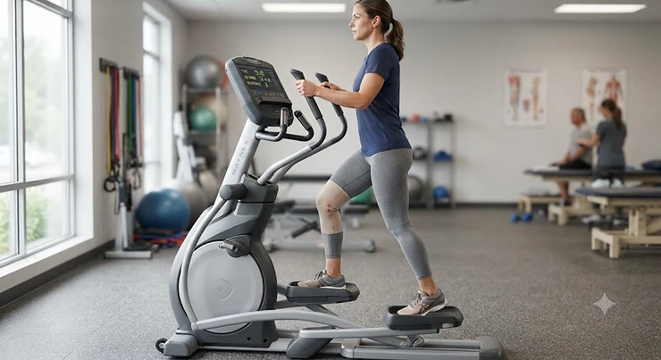 A woman demonstrating proper upright posture and stride form on an elliptical trainer for knee injury recovery.