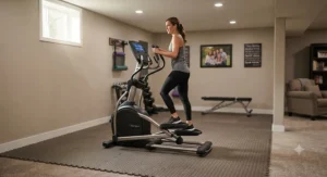 A quiet-drive elliptical for multi-user family home use installed in a finished basement fitness area.