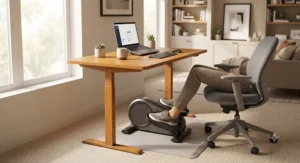 A quiet compact elliptical designed for small apartments and home offices, highlighting smooth and silent operation.