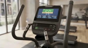Close-up of the easy-to-use LED console on a low maintenance elliptical for apartment fitness center setups, featuring quick-start buttons.