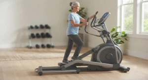 An active older adult comfortably exercising on a low-impact elliptical machine to protect knees and hips.