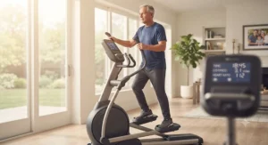 A senior man safely exercising on a home elliptical machine with ergonomic handlebars.