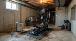 A modern elliptical machine in a basement gym with dehumidifier nearby for moisture control.
