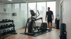 Space-saving layout featuring a durable commercial elliptical inside a small corporate office gym.