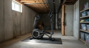 A foldable space-saving elliptical machine positioned in a corner of an unfinished basement.