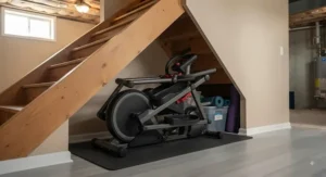 A compact elliptical machine folded and stored securely under a basement staircase to maximize floor space.