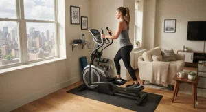 A sturdy, compact elliptical machine creating a functional home gym corner in a small living room.