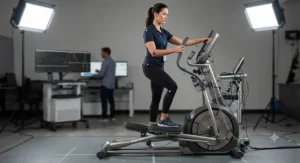 A fitness expert evaluating the ergonomic stride and joint comfort of a high-end commercial elliptical.