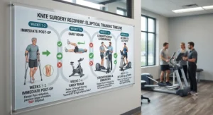 Timeline chart illustrating when patients can safely start elliptical training after knee surgery recovery milestones.