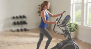 A woman utilizing moving handlebars on an elliptical trainer for a balanced upper and lower body workout without joint impact.