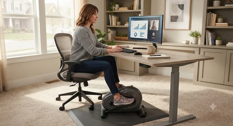 A remote worker using a compact elliptical for active sitting during a quick desk break in her home office. compact elliptical for home office desk breaks