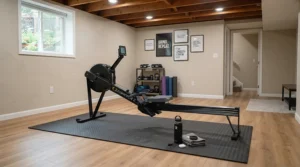 A 3x6 equipment mat for elliptical machine installed on a finished basement workout area.