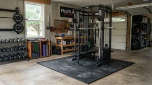 Heavy-duty 3x6 equipment mat for elliptical machine protecting a concrete garage gym floor.