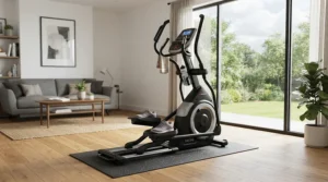 A 3x6 equipment mat for elliptical machine placed under a cardio trainer in a bright living room.