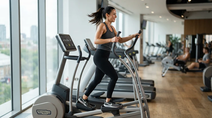 An exercising person benefiting from stability on a 3x6 equipment mat for elliptical machine.