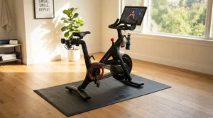 Close-up view of a durable 3x6 equipment mat for elliptical machine highlighting PVC thickness.