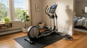 An elliptical trainer featured in a 4x6 vs 3x6 exercise equipment mat size guide for home gym space optimization.