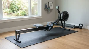 A rowing machine displayed in a 4x6 vs 3x6 exercise equipment mat size guide for home gym room planning.