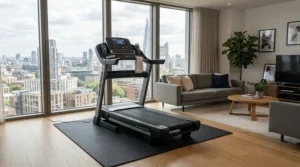 An anti-vibration mat for treadmill in upstairs apartment placed under a folding running machine in a modern living room