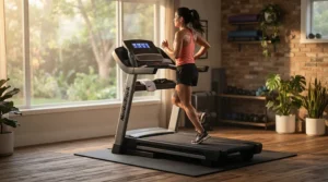 A woman jogging on a treadmill resting on an anti-vibration mat for treadmill in upstairs apartment during morning hours