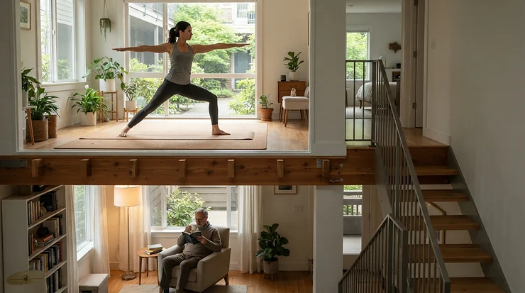 Peaceful multi-family living achieved using an anti-vibration mat for treadmill in upstairs apartment setting