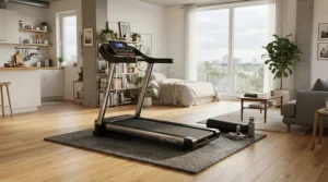 An anti-vibration mat for treadmill in upstairs apartment studio space protecting neighbors below from impact