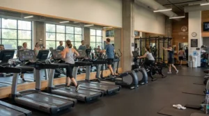 Apartment complex gym featuring a commercial elliptical alongside other fitness equipment