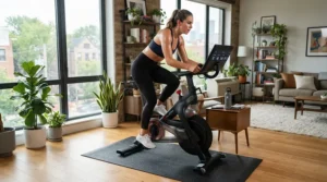 An apartment tenant using a carpet protector for exercise bike on carpet to protect rental flooring.