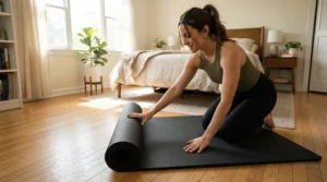 Rolling out a new carpet protector for exercise bike on carpet before assembling the workout equipment.