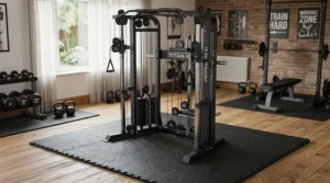 A heavy-duty carpet protector for exercise bike on carpet supporting a large commercial-style indoor cycle.