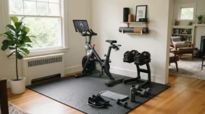 An organized home gym corner featuring a carpet protector for exercise bike on carpet flooring.