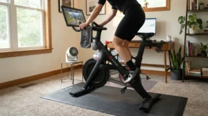 A carpet protector for exercise bike on carpet installed in a spare bedroom turned workout space.